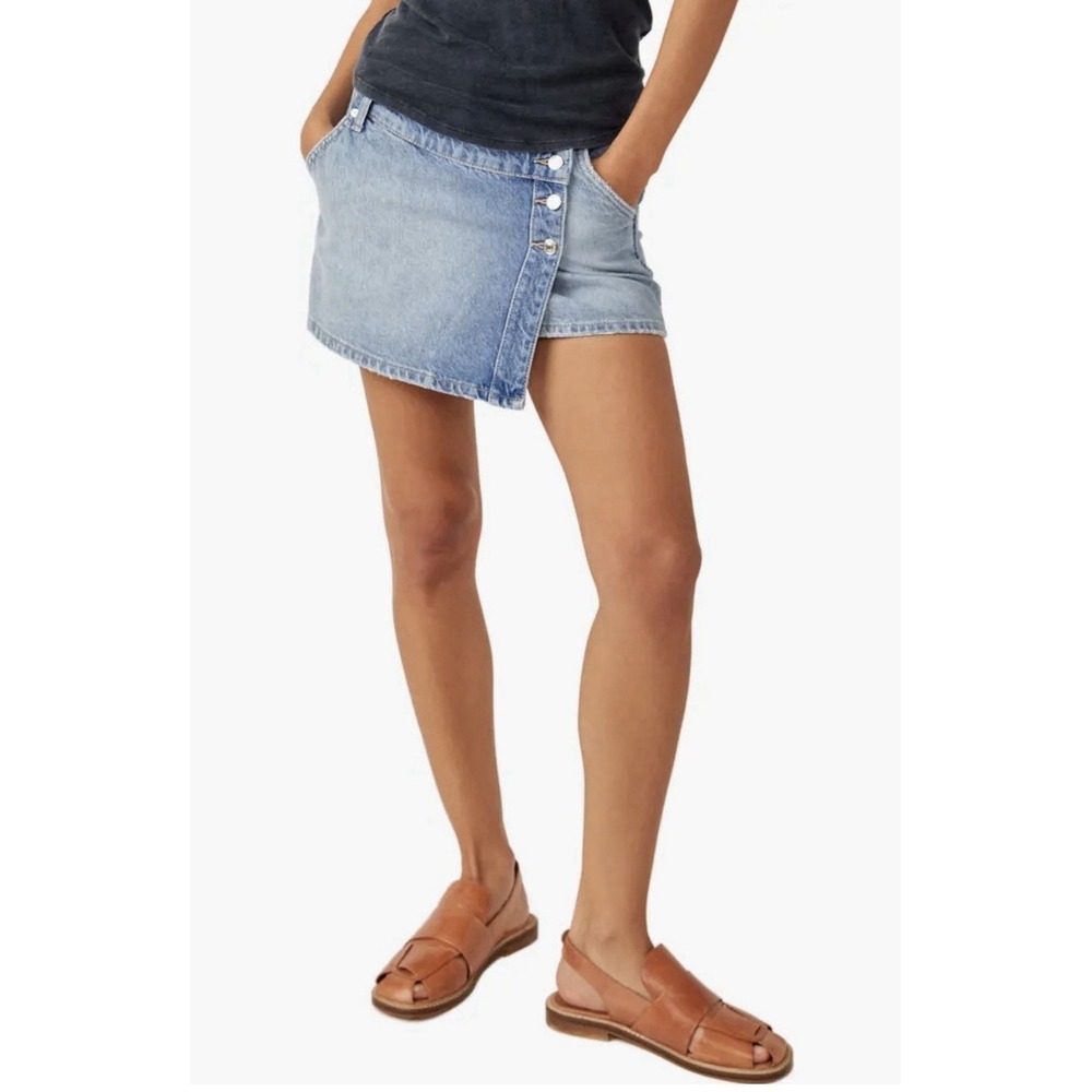 Free People Wynne Asymmetrical Wrap Button Front Denim Mini Skirt Size 26